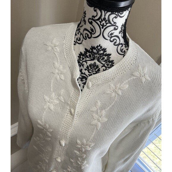 Vtg Lands' End Cotton Floral Embroidered Cardigan Sz S Ivory Classic Cottage - Picture 2 of 12